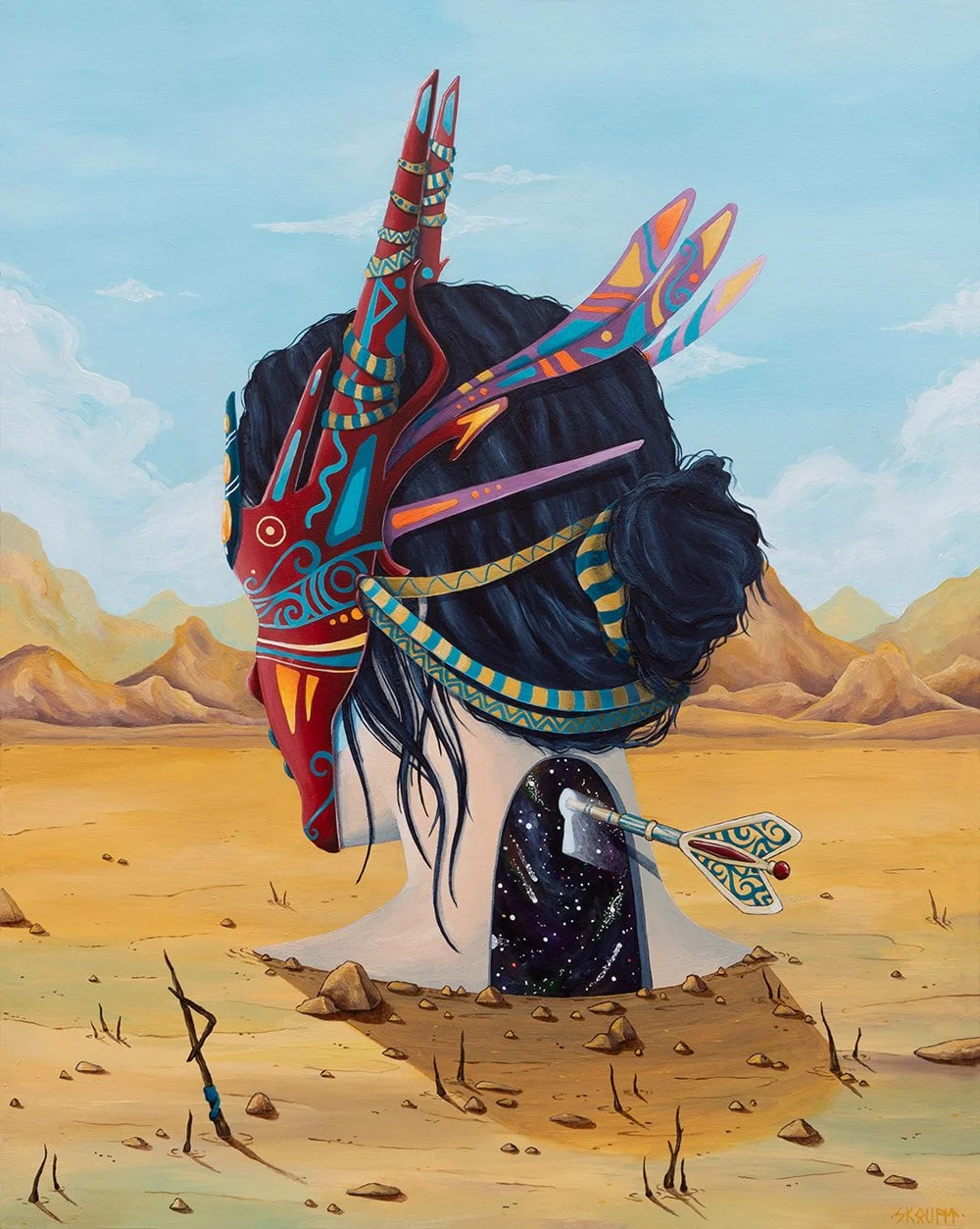 Unlocking, symbolic original painting by Skount depicting inner transformation, a masked figure and a door of light