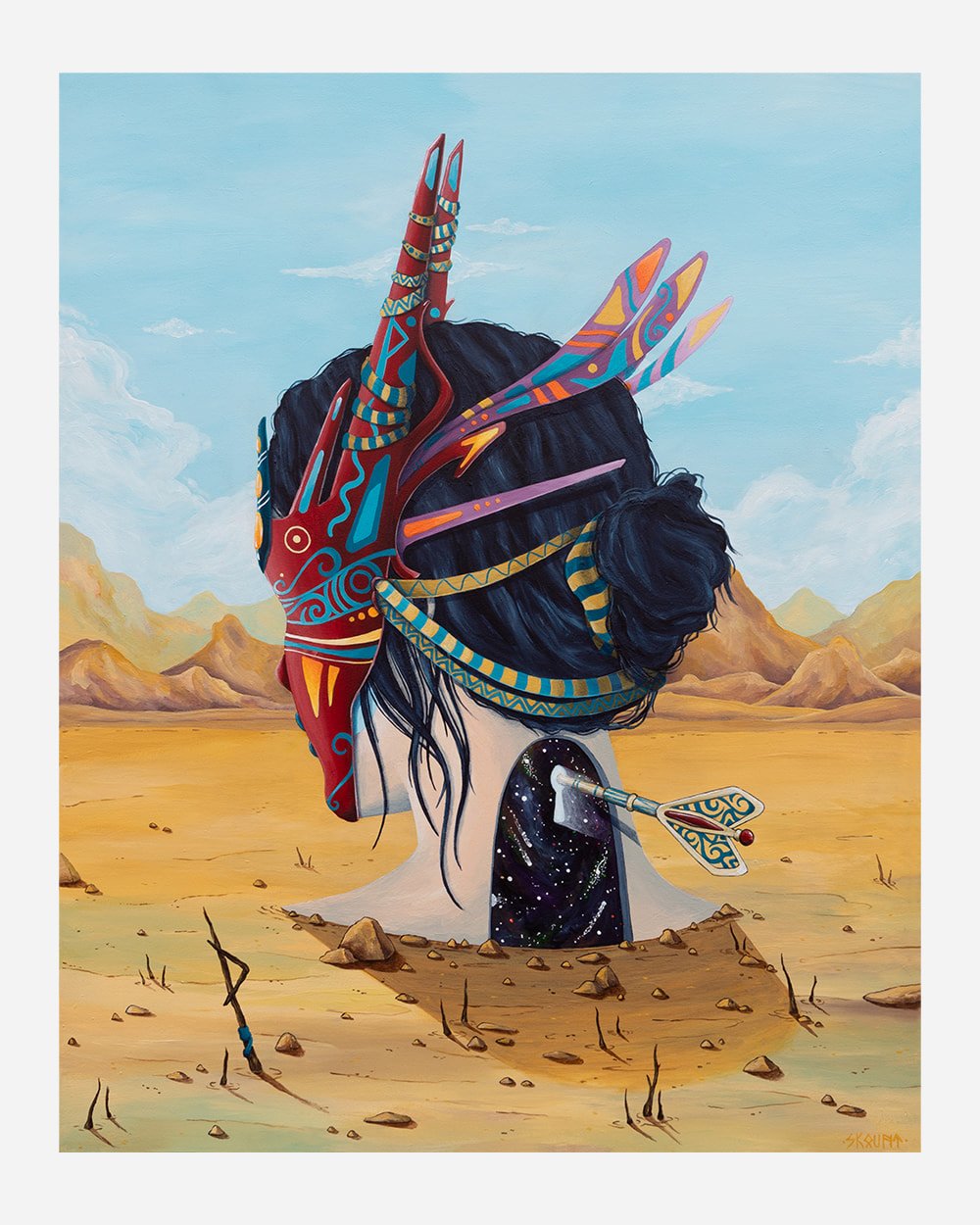 Unlocking by Skount, a symbolic original painting featuring a masked female figure in a desert with a cosmic door opening within her mind.