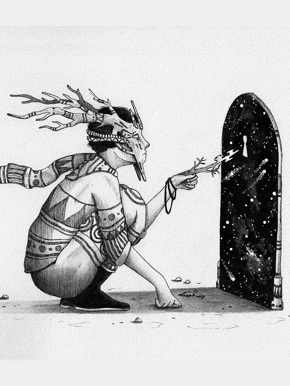 Detail of A Key to New Beginnings highlighting the hand transforming into a key and the symbolic door.