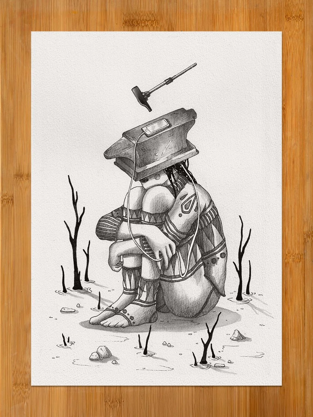 Surreal drawing Connected / Disconnected depicting the contrast between smartphone use and real human connection