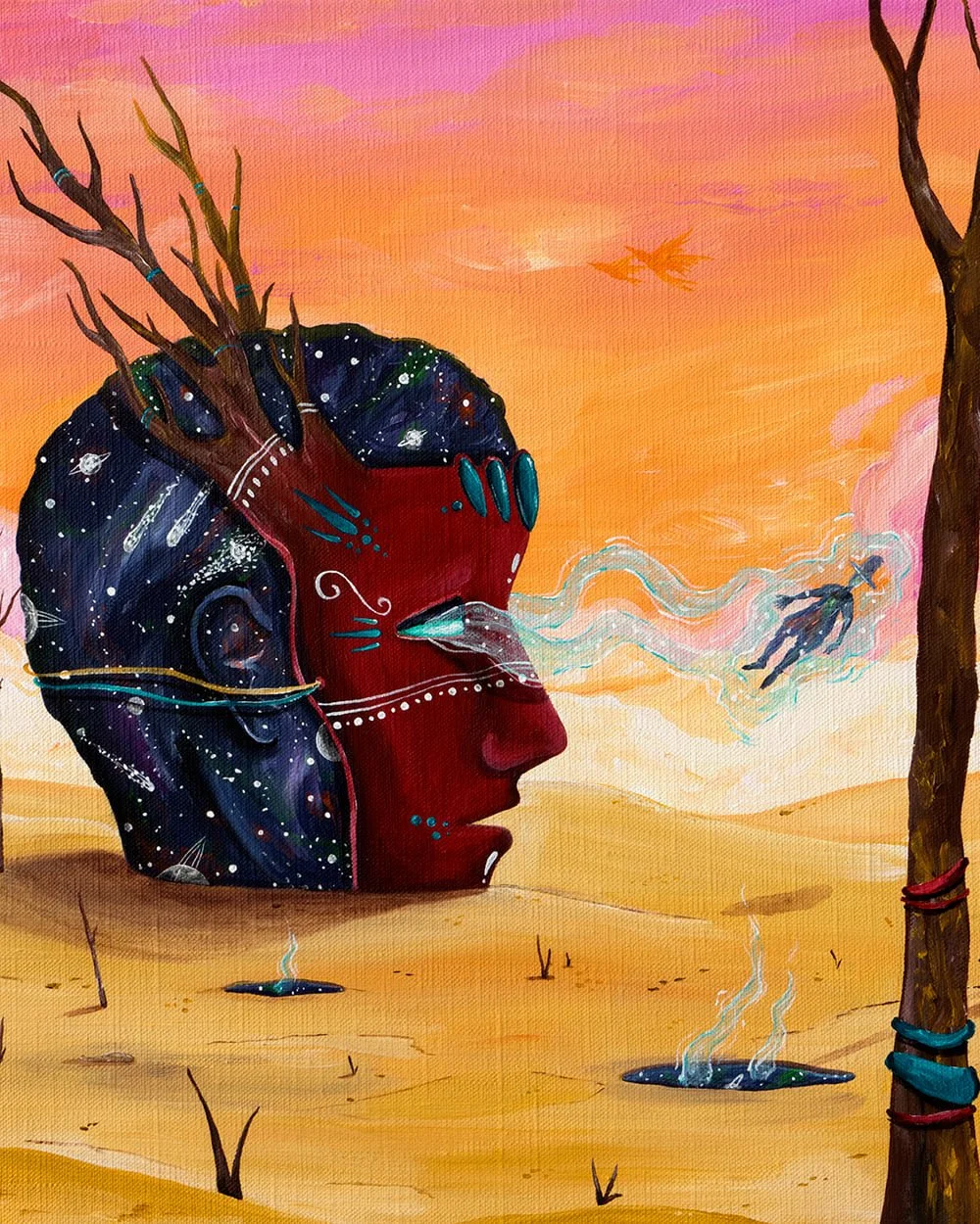 Detail of The Time Consciousness highlighting cosmic fragments and mask textures representing introspection and awareness