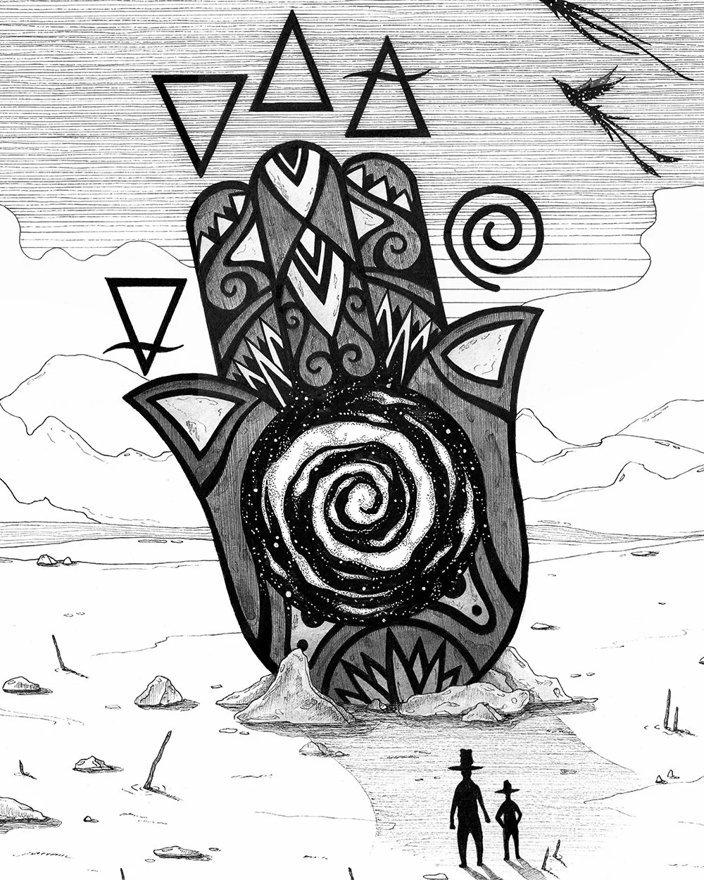 Detail close-up of ‘The Secrets of Transformation’ by Skount – intricate ink drawing showing Hamsa and alchemical symbolism