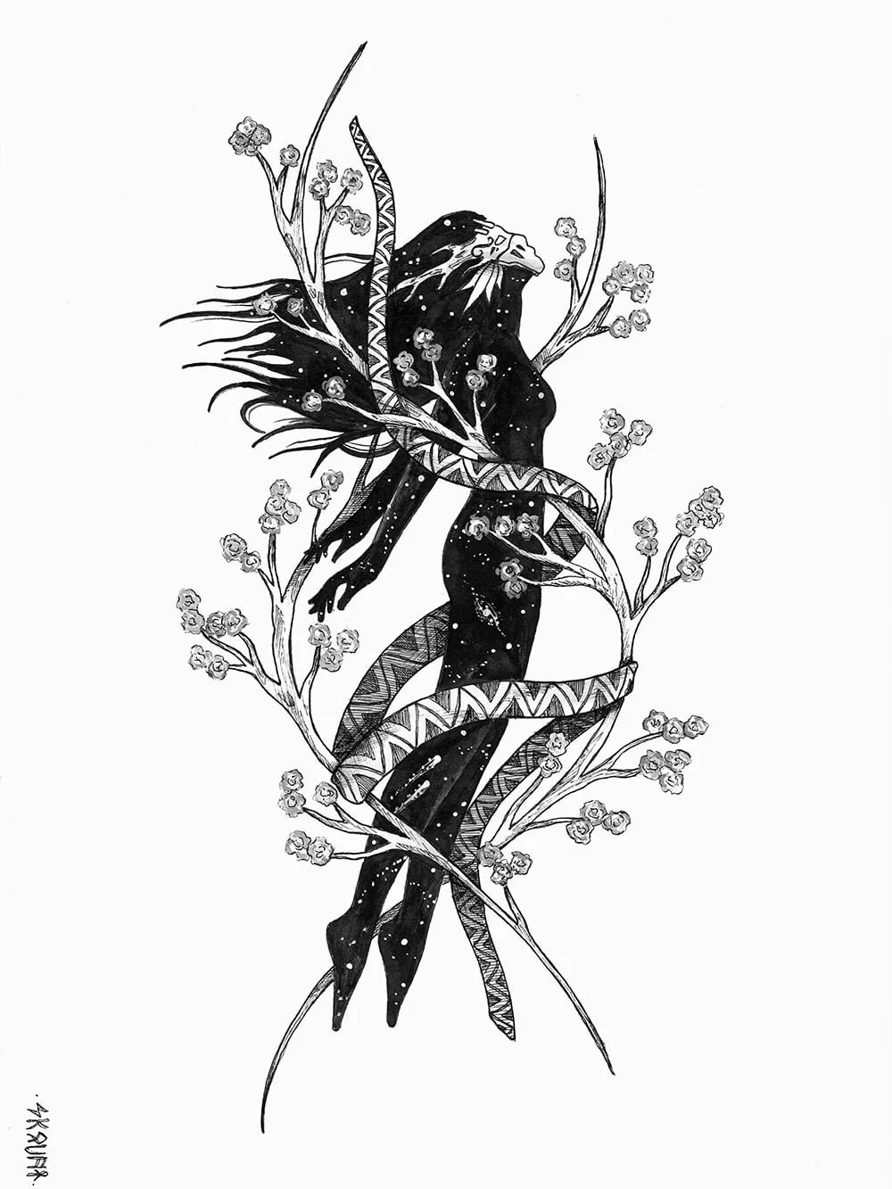 Helix original ink drawing by Skount showing the complete symbolic spiral composition