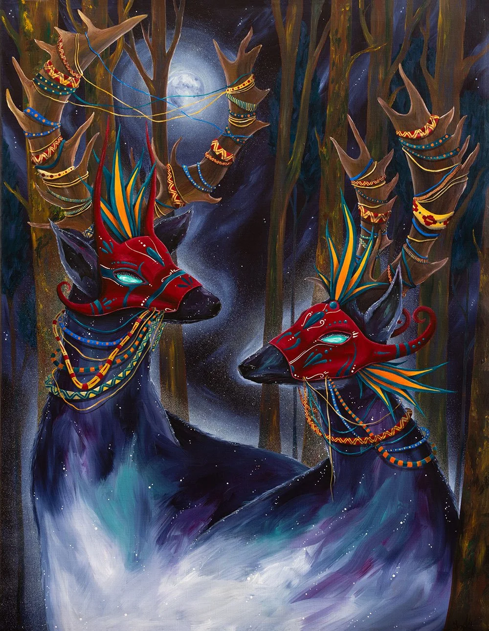 Twilight Messengers painting by Skount depicting mystical forest spirits and sacred deer