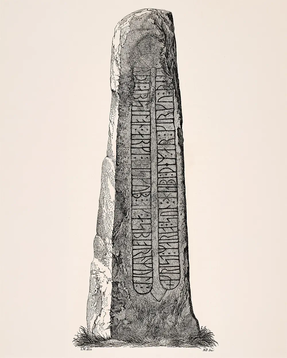 Historical drawing of the Norra Åsum Runestone in Skåne featuring a preserved Viking Age runic inscription.