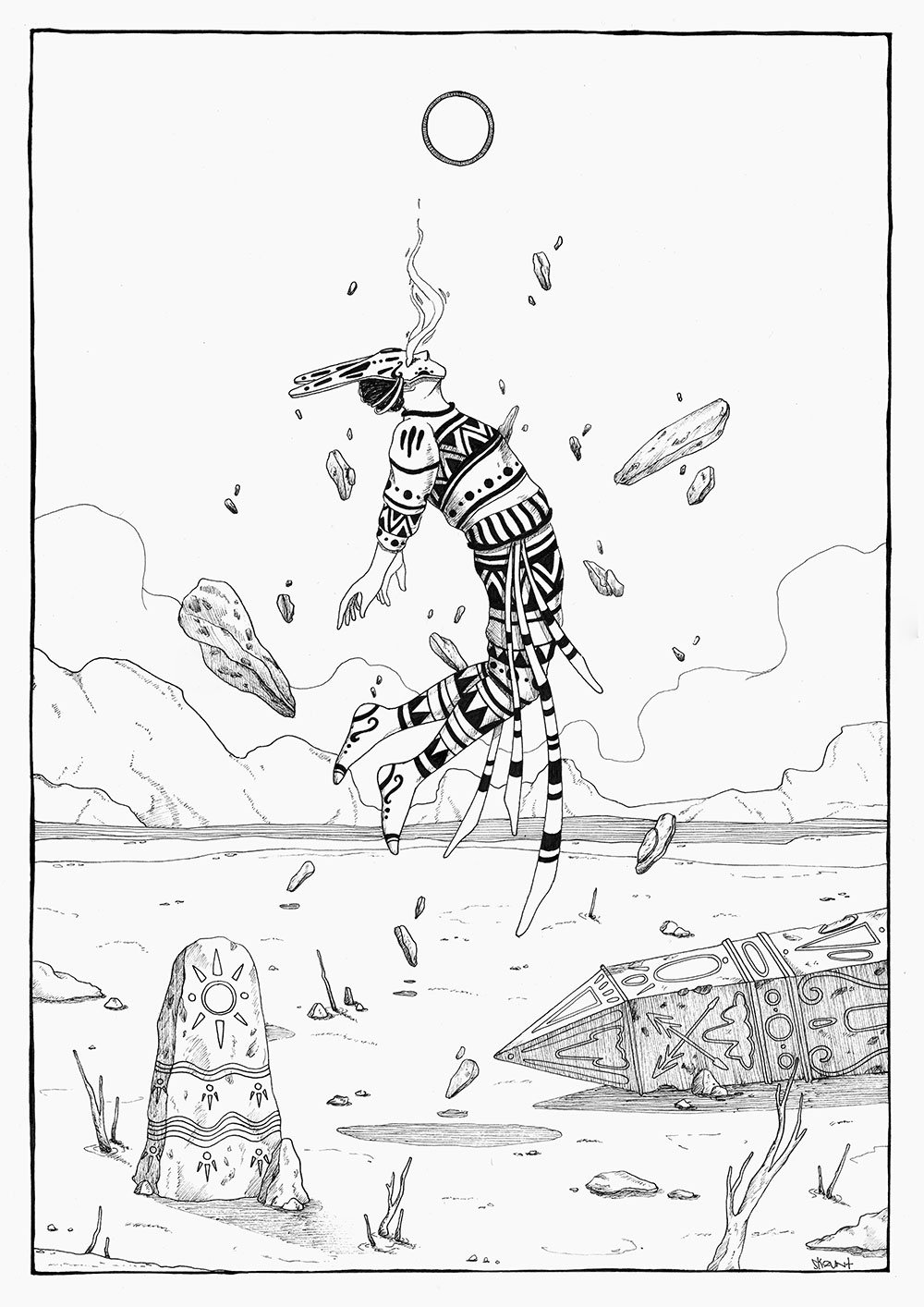 Ascent, original drawing by Skount. Archival ink on paper