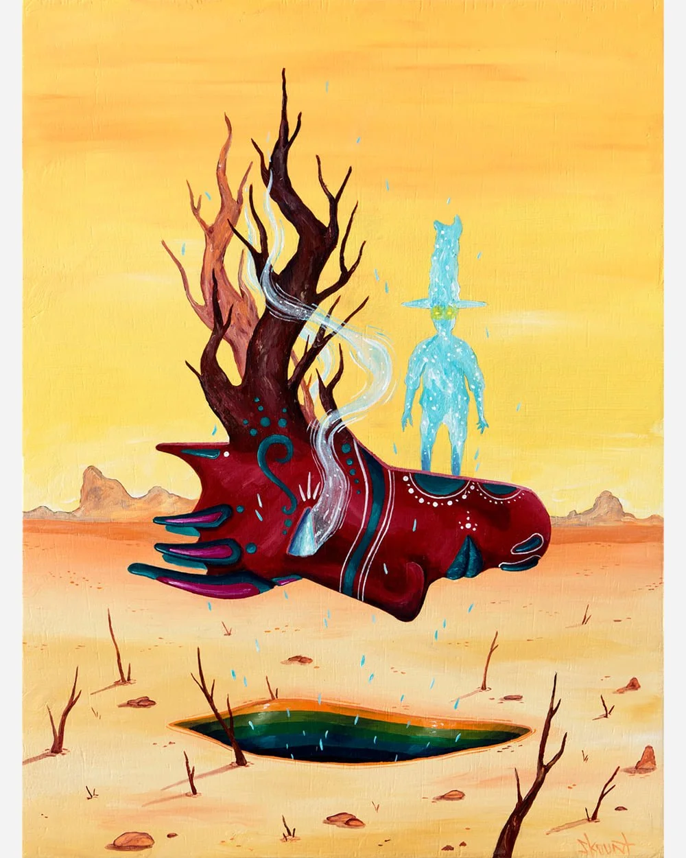 Suspended Identity – original surreal painting by Skount, acrylic on plywood, exploring masks, identity, and the unconscious.