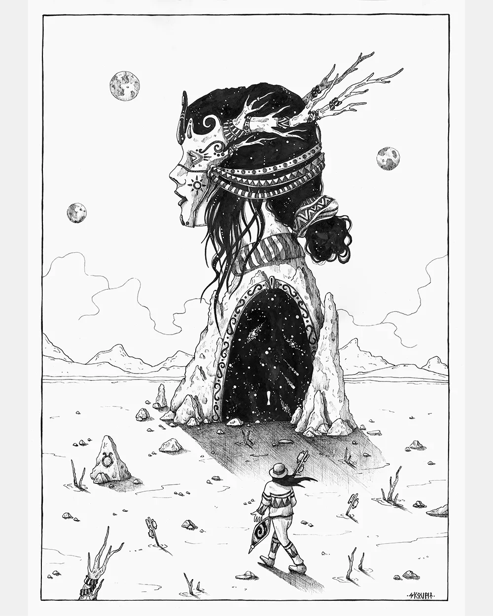 Inner Eden by Skount, an ink drawing inspired by symbolic doors, transformation, and The NeverEnding Story