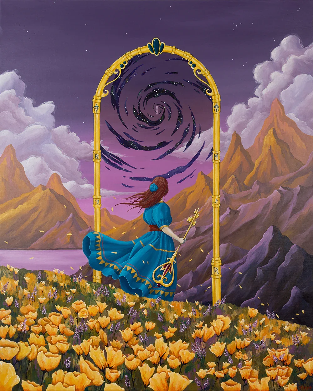 The Keyless Gate by Skount, a symbolic surreal painting featuring a woman holding a giant key before a cosmic portal