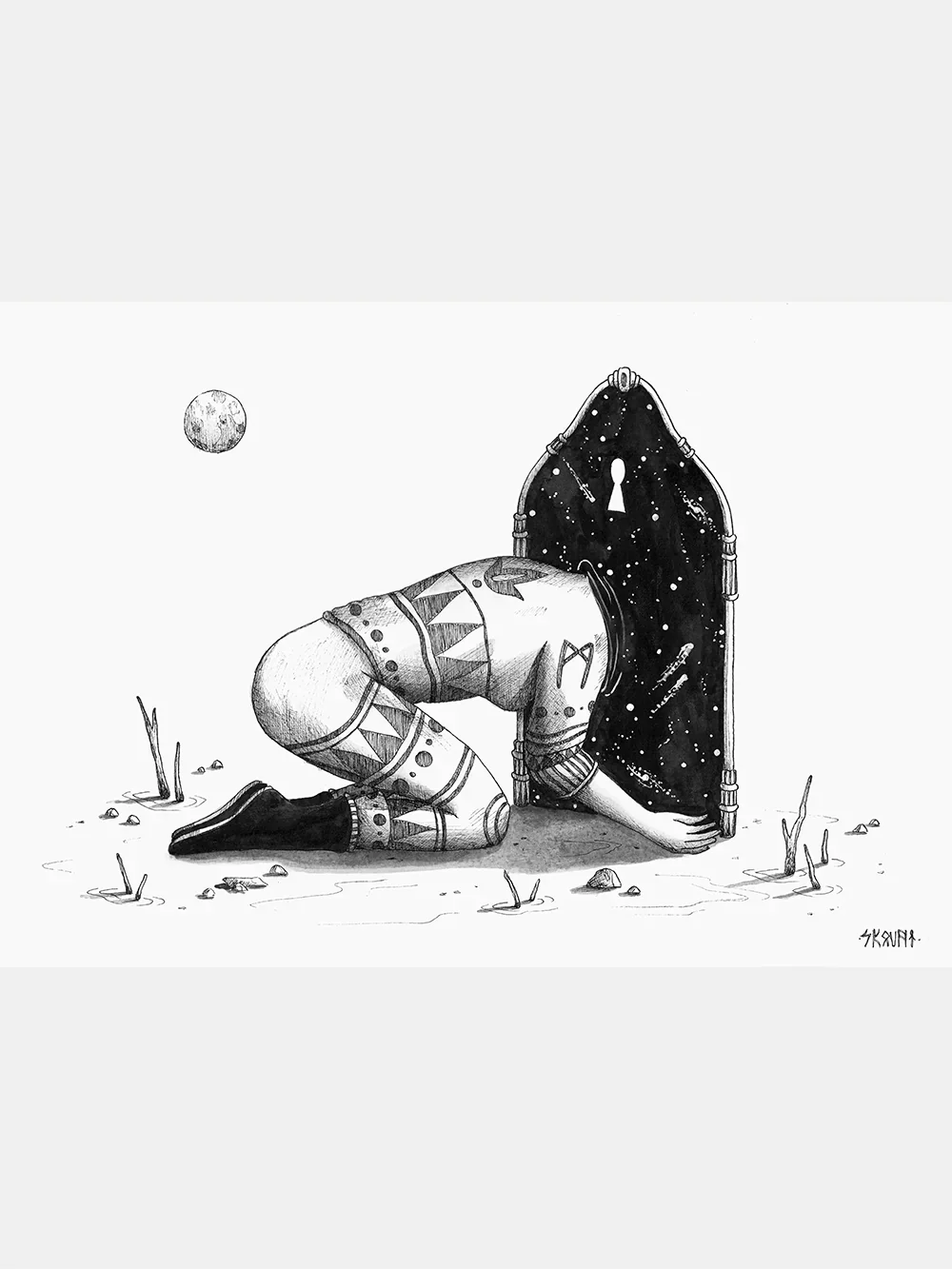 Beyond the Threshold by Skount, a symbolic surreal ink drawing featuring a figure approaching a cosmic portal.