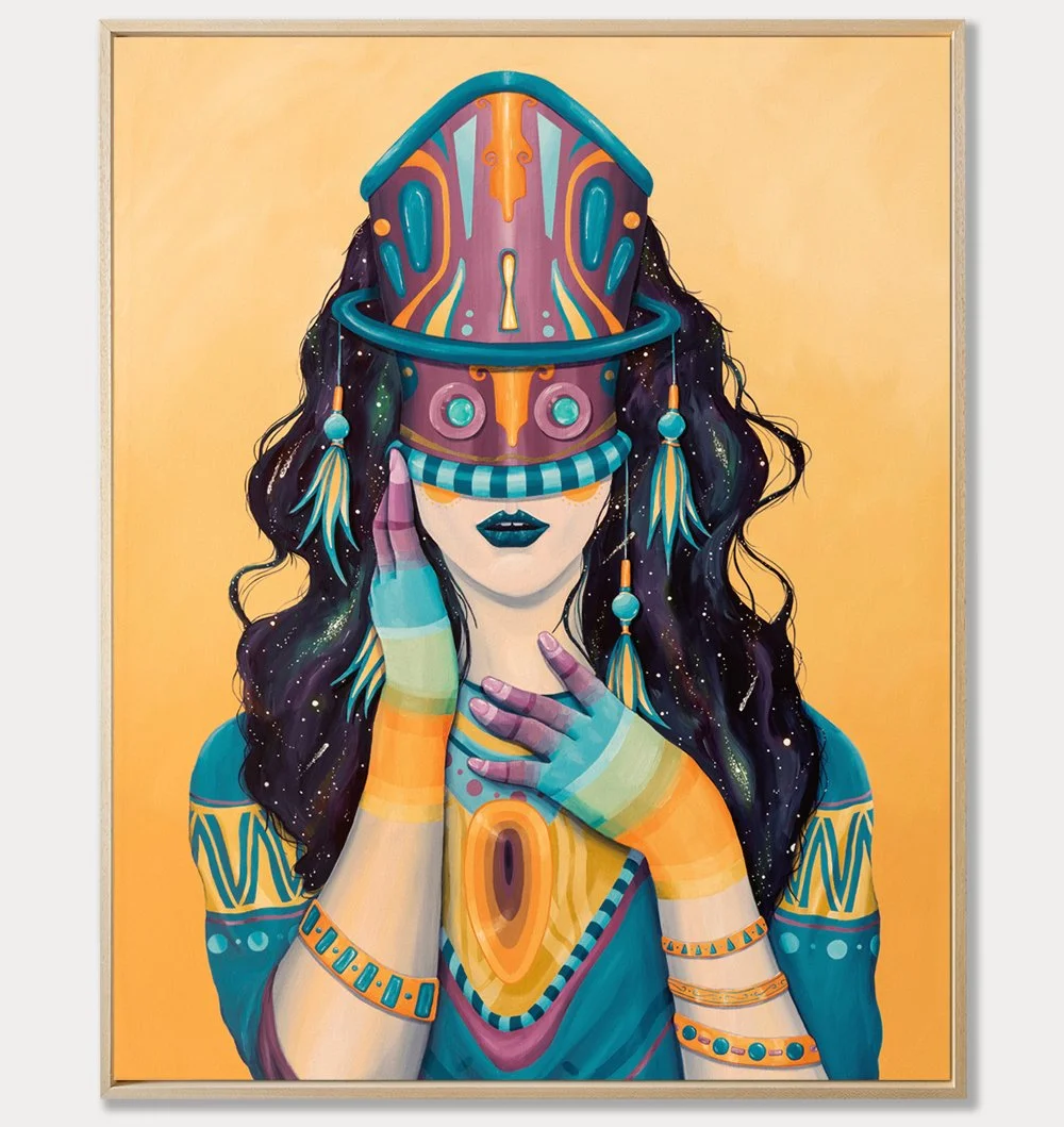 Veiled Knowledge – Dísir painting inspired by Norse mythology, showing a woman behind a mask with a bright lock, representing hidden wisdom and introspection.