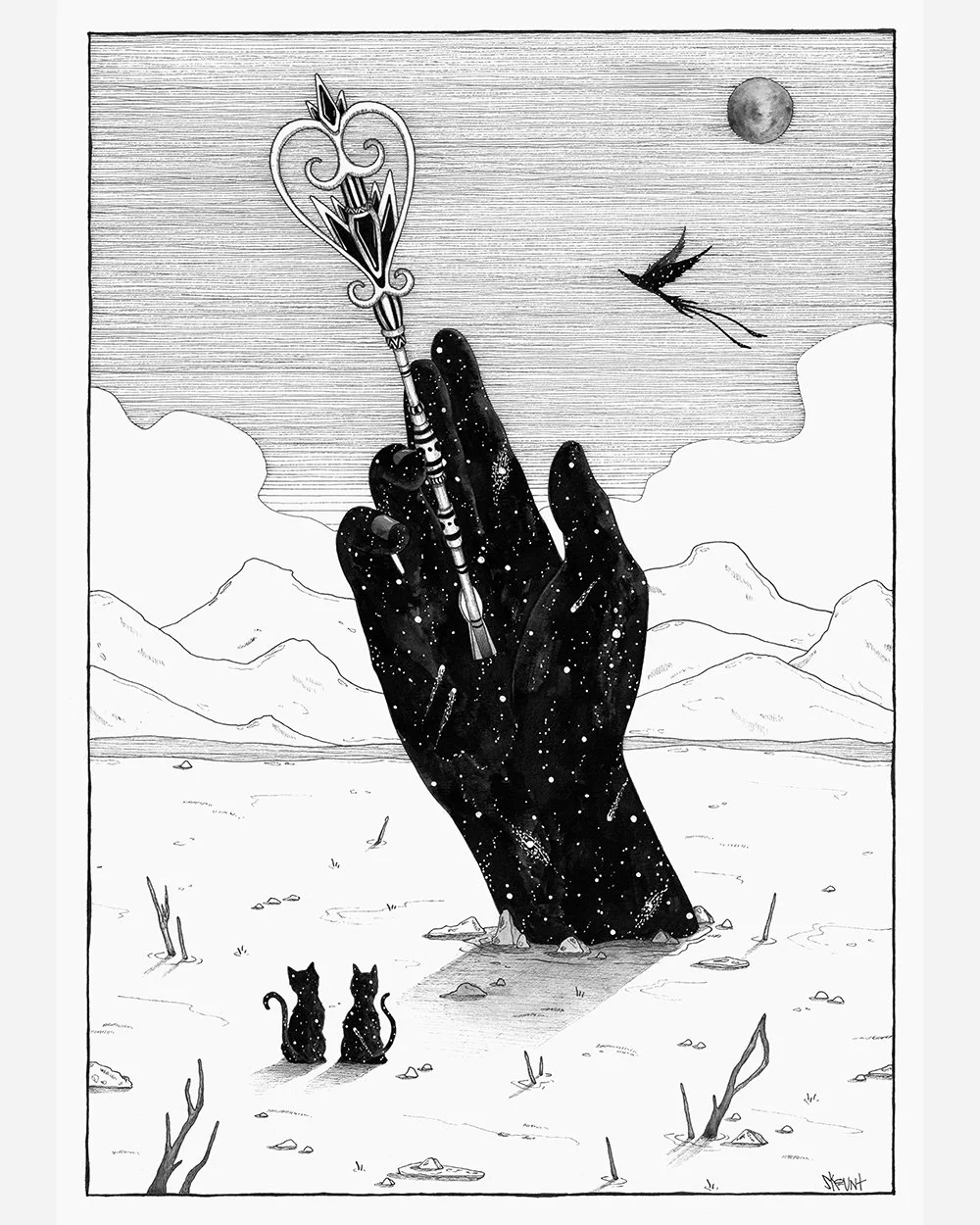 Access to the Inner Knowledge by Skount, full ink illustration of a key unlocking a cosmic hand, symbolizing wisdom and inner discovery