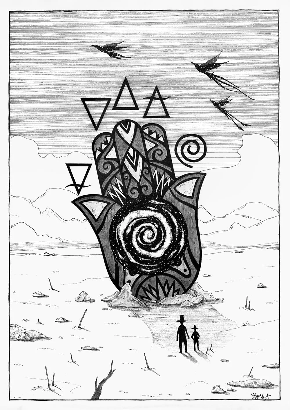 Ink illustration of the Hamsa surrounded by alchemical elements Earth, Air, Fire, Water, and Ether, symbolizing protection, transformation, and spiritual insight, blending mystical symbolism with personal growth and cosmic harmony.