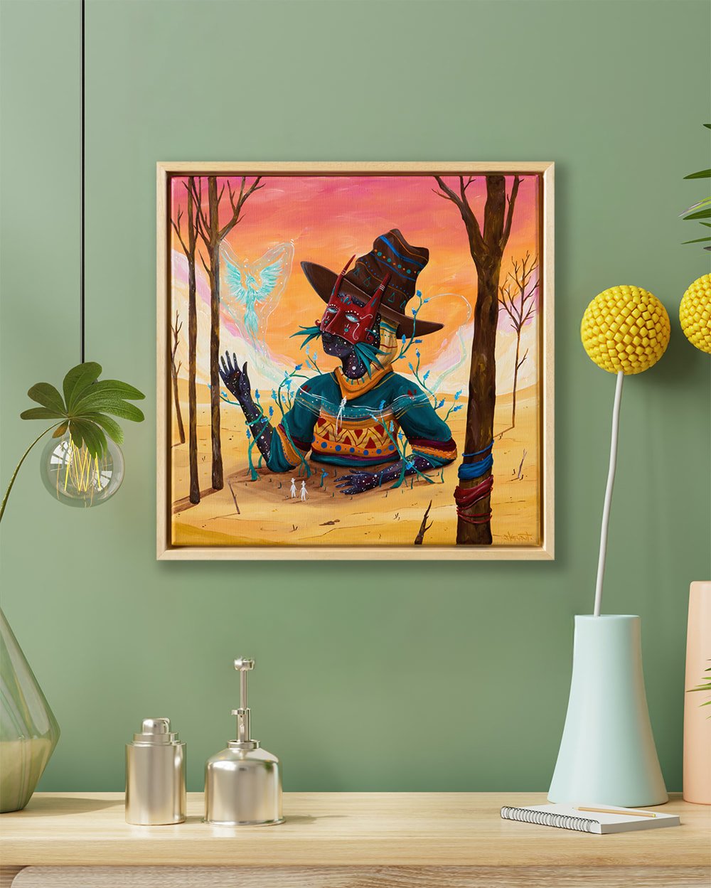 The Cosmos That Rises framed and displayed in a modern living room, highlighting symbolic themes of renewal and transformation.