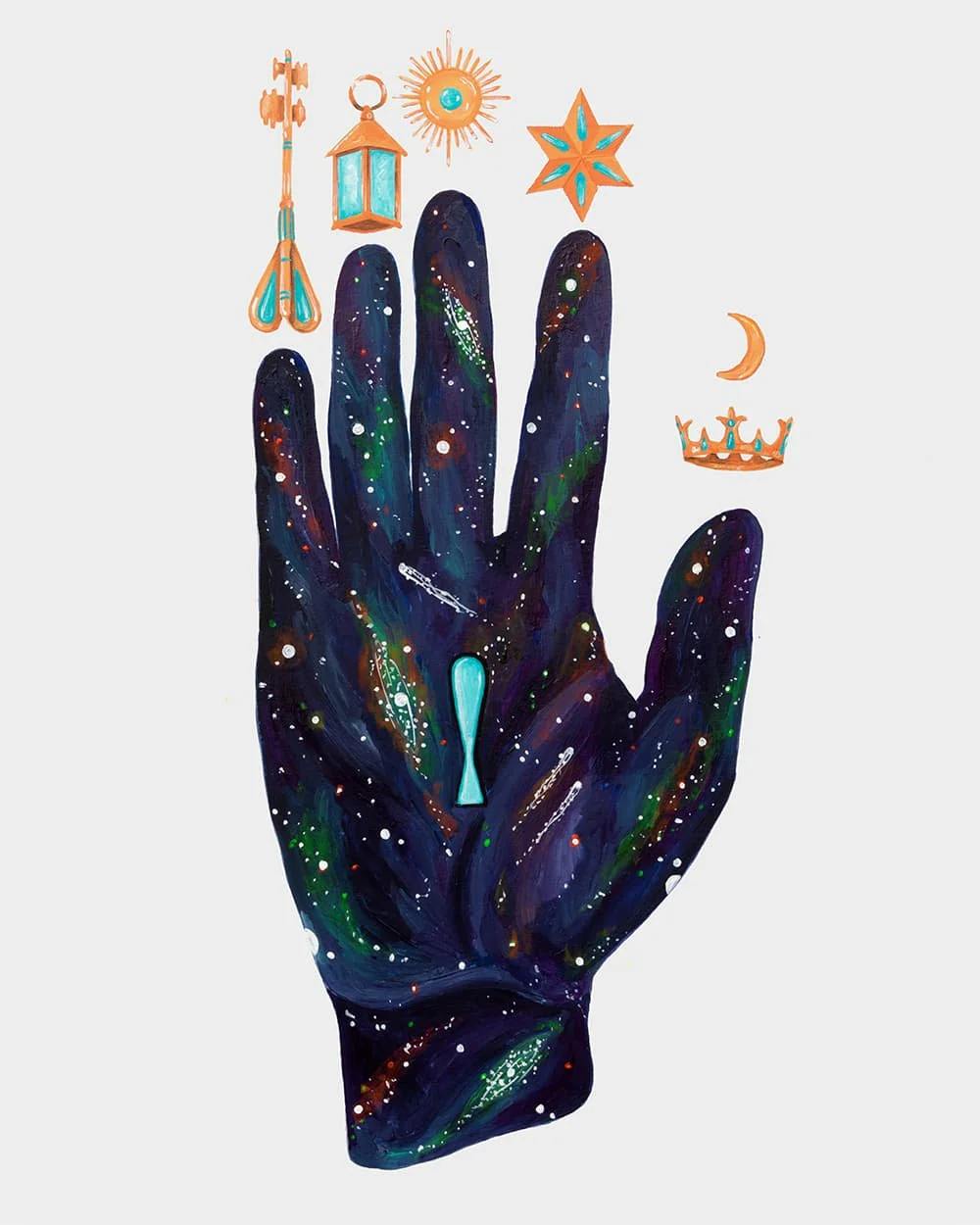 Acrylic painting by Skount of the Mystery Hand or Philosopher's Hand, symbolizing wisdom, cosmic knowledge, and spiritual insight.