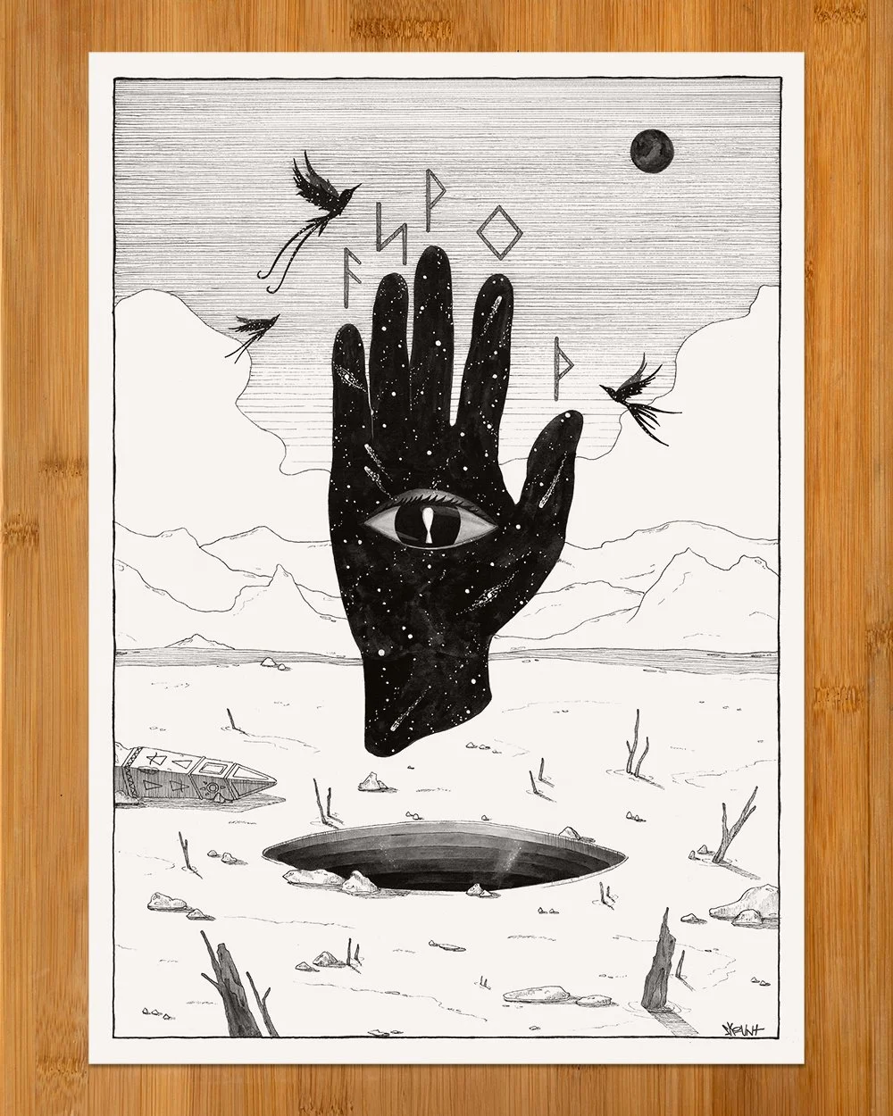 Full view of The Revelation Within ink drawing by Skount, showing the cosmic hand and mystical rune symbols.