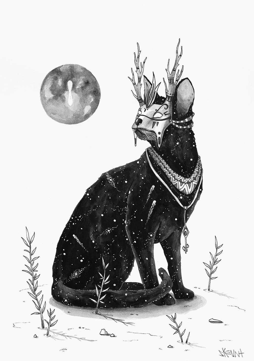 Spiritual cosmic cat ink drawing by Skount, representing intuition, guardianship and symbolic feline energy.