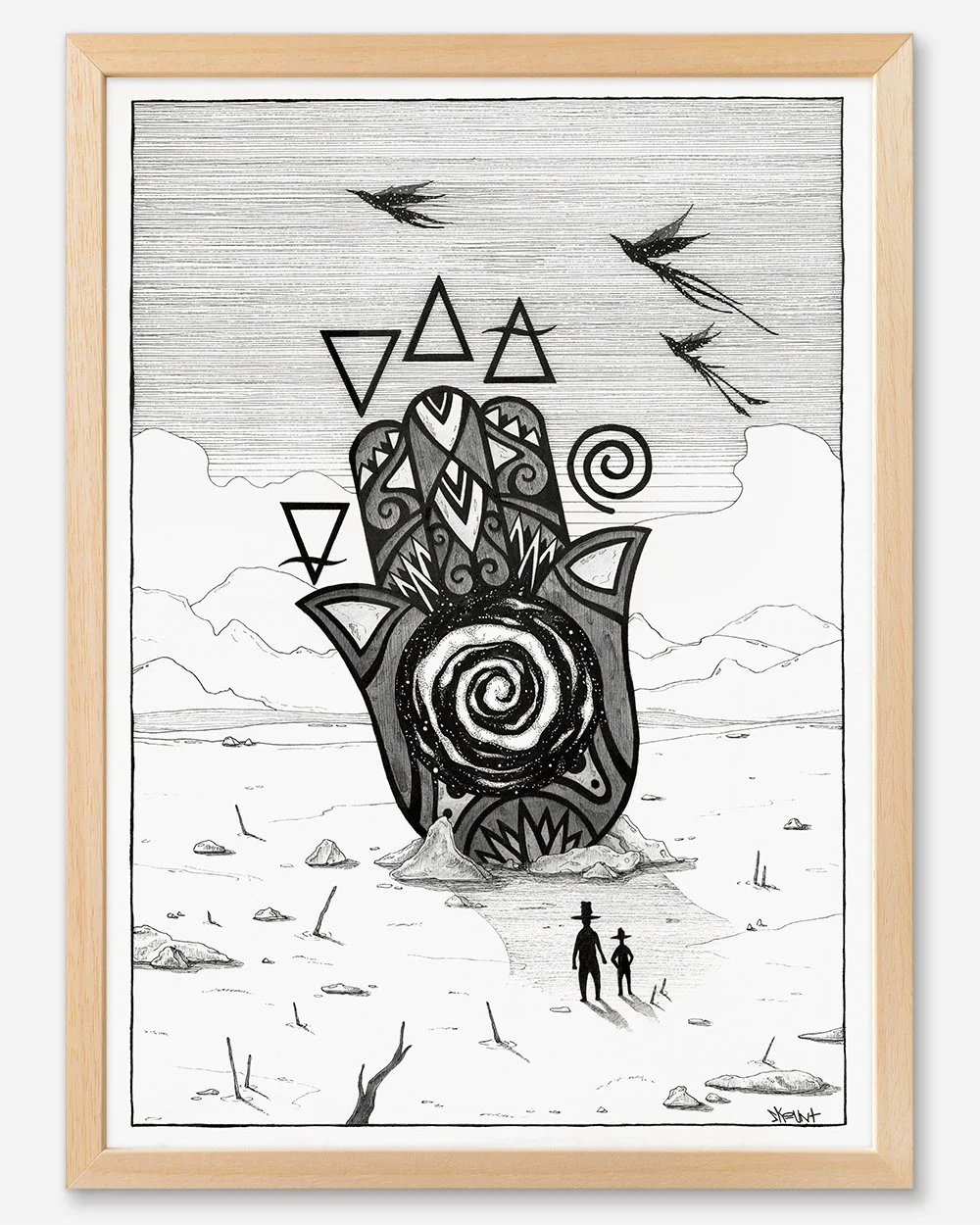 Framed illustration ‘The Secrets of Transformation’ by Skount – mystical ink artwork blending the Hamsa with alchemical elements