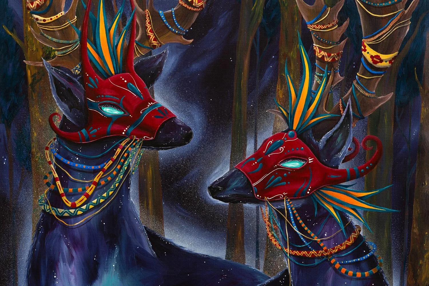 Forest Spirits painting by Skount showing mystical forest and sacred deer details