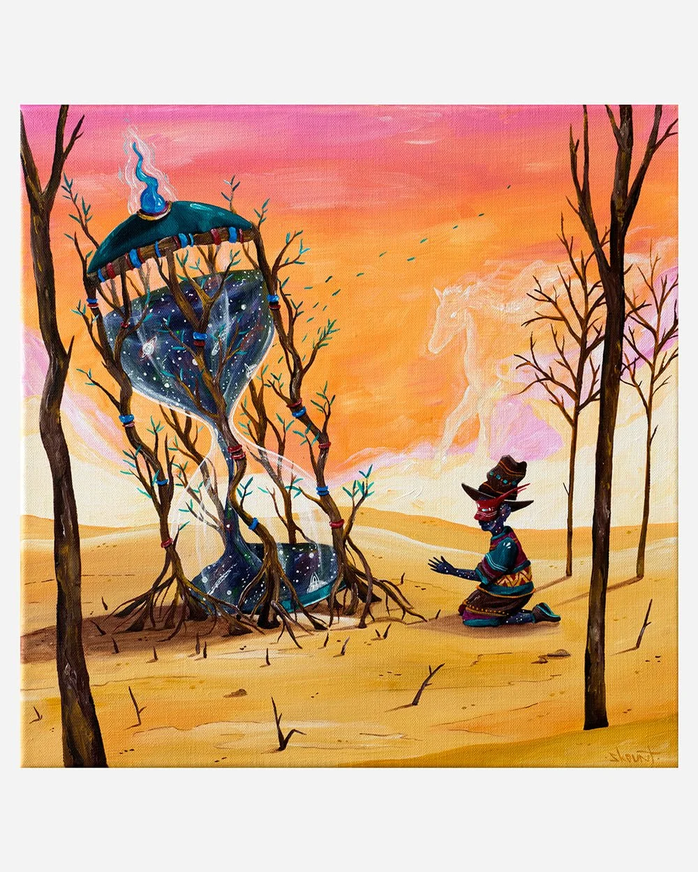 The Endless Transience of Time, painting by Skount, featuring a cosmic hourglass and symbolic desert landscape.