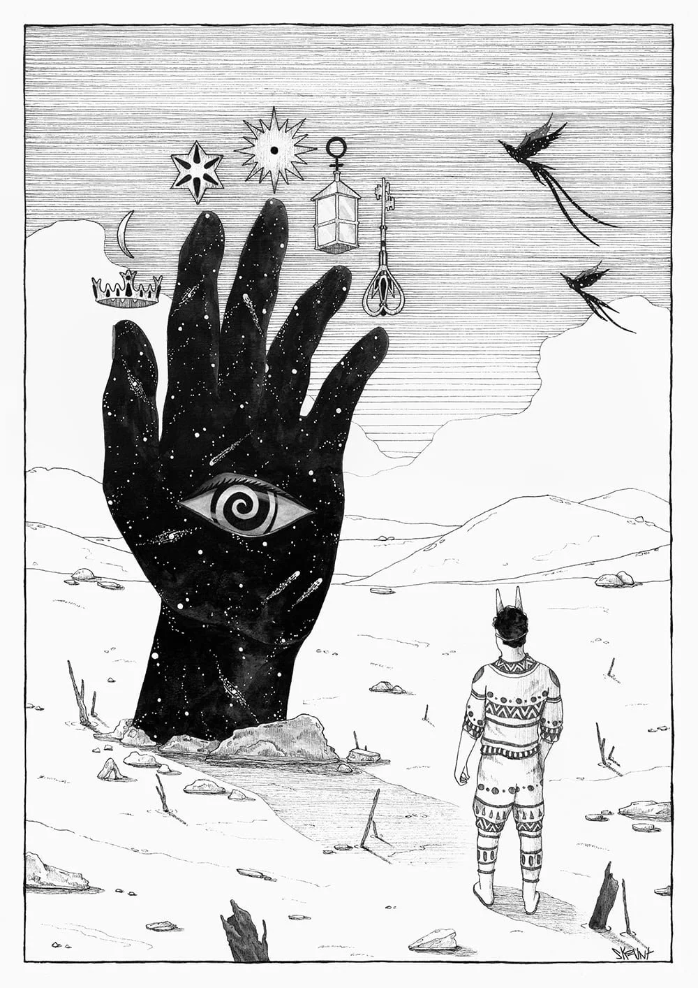 Ink drawing of the cosmic Mystery Hand / Philosophers guiding a solitary figure through a barren landscape, symbolizing the quest for inner wisdom, self-discovery, and the unfolding of universal mysteries.