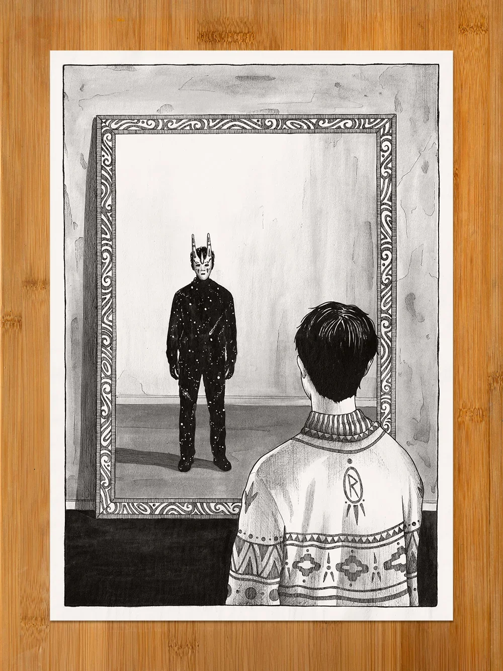 Surreal artwork The Unseen Within depicting introspection, identity, and a cosmic reflection behind a mask