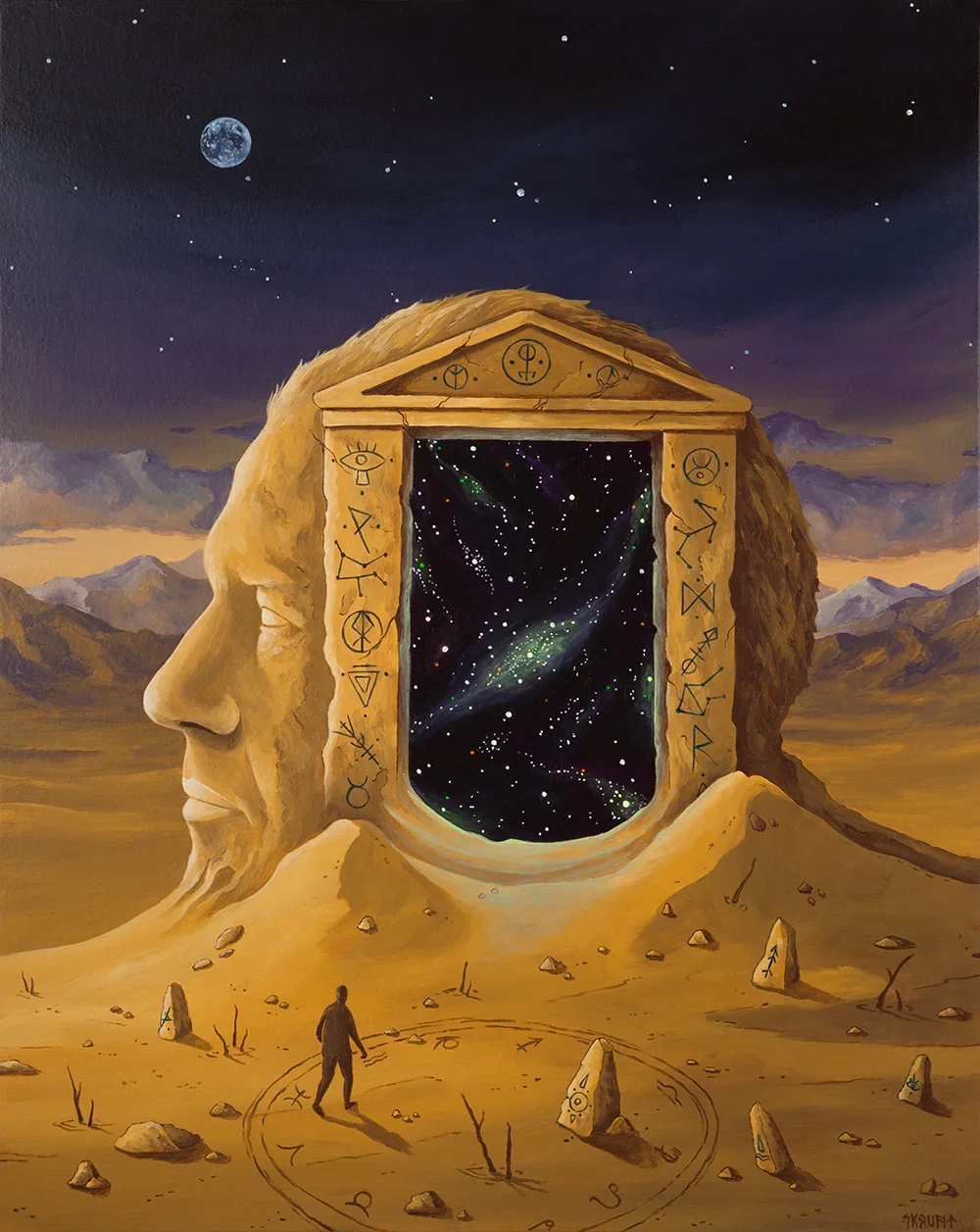 Symbolic surreal painting The Cosmic Passage depicting a cosmic doorway, mystical symbols, and a desert landscape