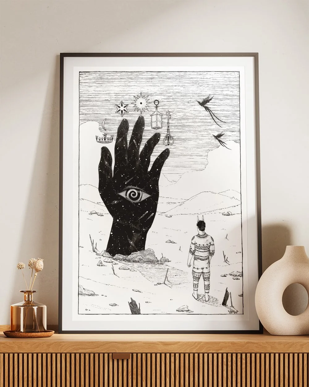 In Search of Inner Wisdom by Skount displayed framed in a modern living room, artwork symbolizing intuition and personal transformation.