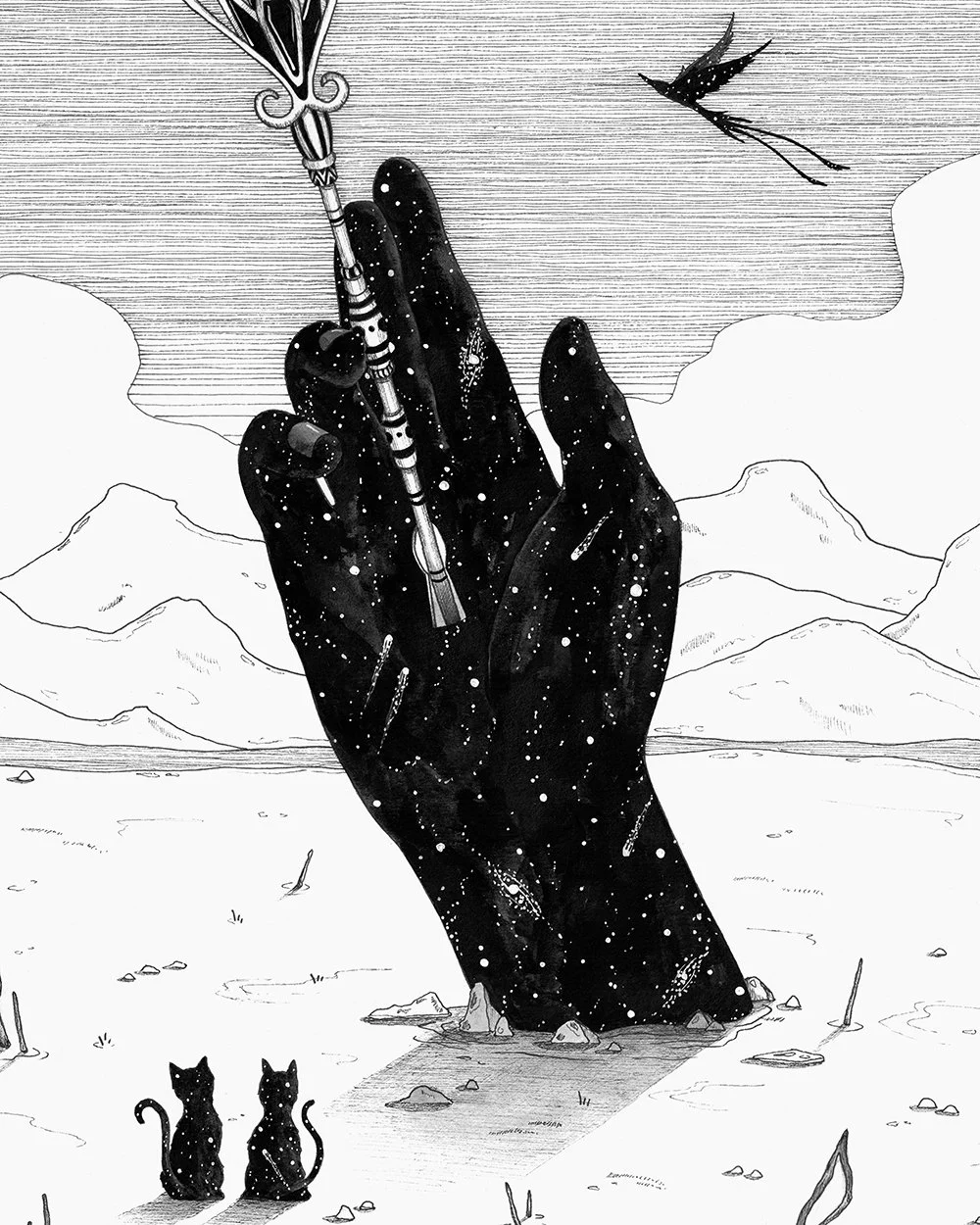 Detailed view of the ink illustration showing the key entering the cosmic hand, highlighting textures and symbolic elements