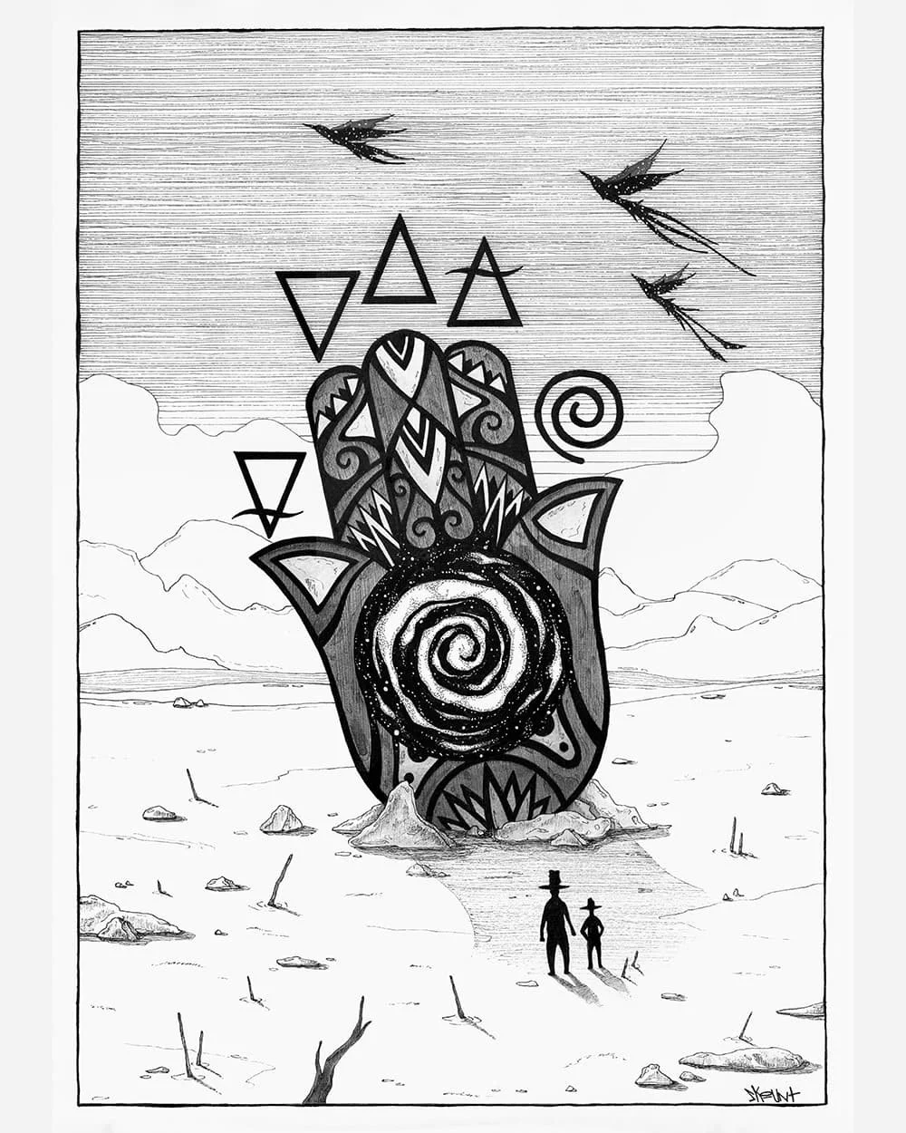 Ink illustration by Skount showing symbolic hands conveying energy, protection, and universal connection.