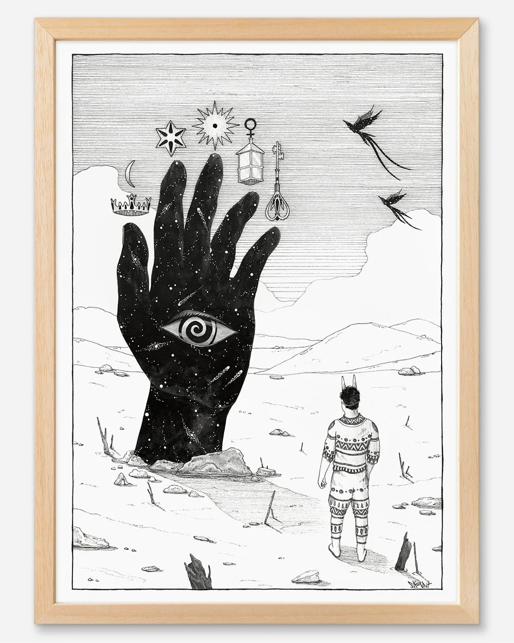 In Search of Inner Wisdom by Skount – framed original illustration, emphasizing the cosmic symbols and journey of self-discovery.