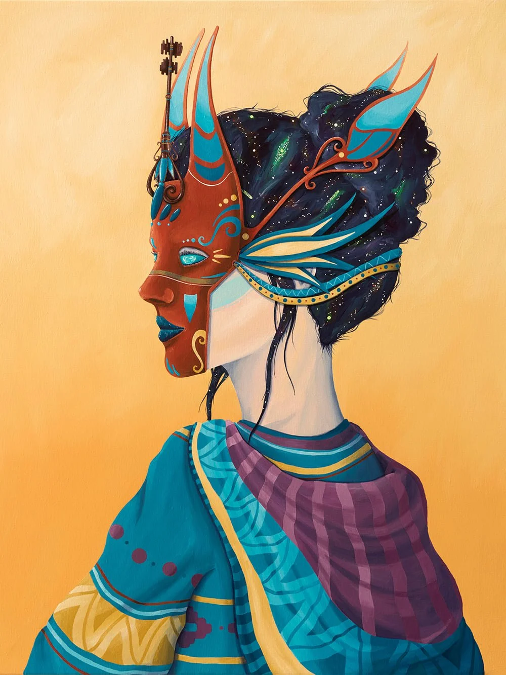 Symbolic painting Eternal Wisdom by Skount showing a figure with mask and cosmic hair representing inner knowledge and balance.