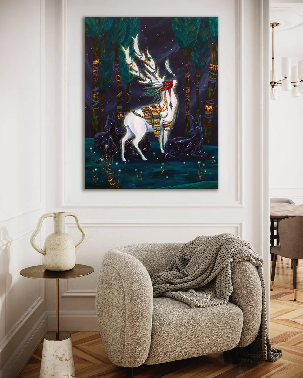 Echo of the White Messenger by Skount displayed as wall art in a modern interior, original painting inspired by sacred deer and spiritual symbolism.