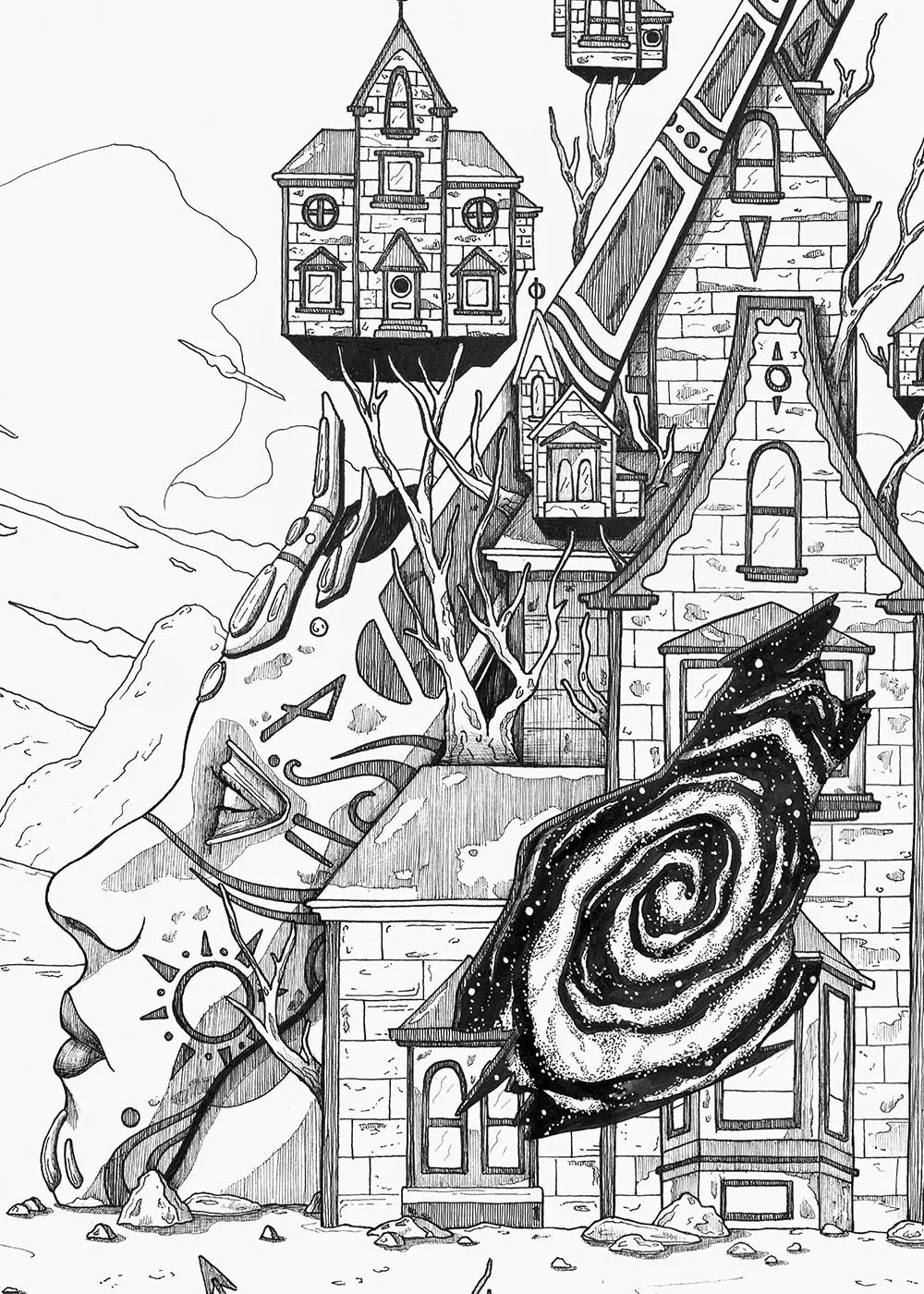 Detail of Inner Home by Skount, highlighting branches emerging from the main house and the cosmic interior through the opening, symbolizing inner growth and imagination.