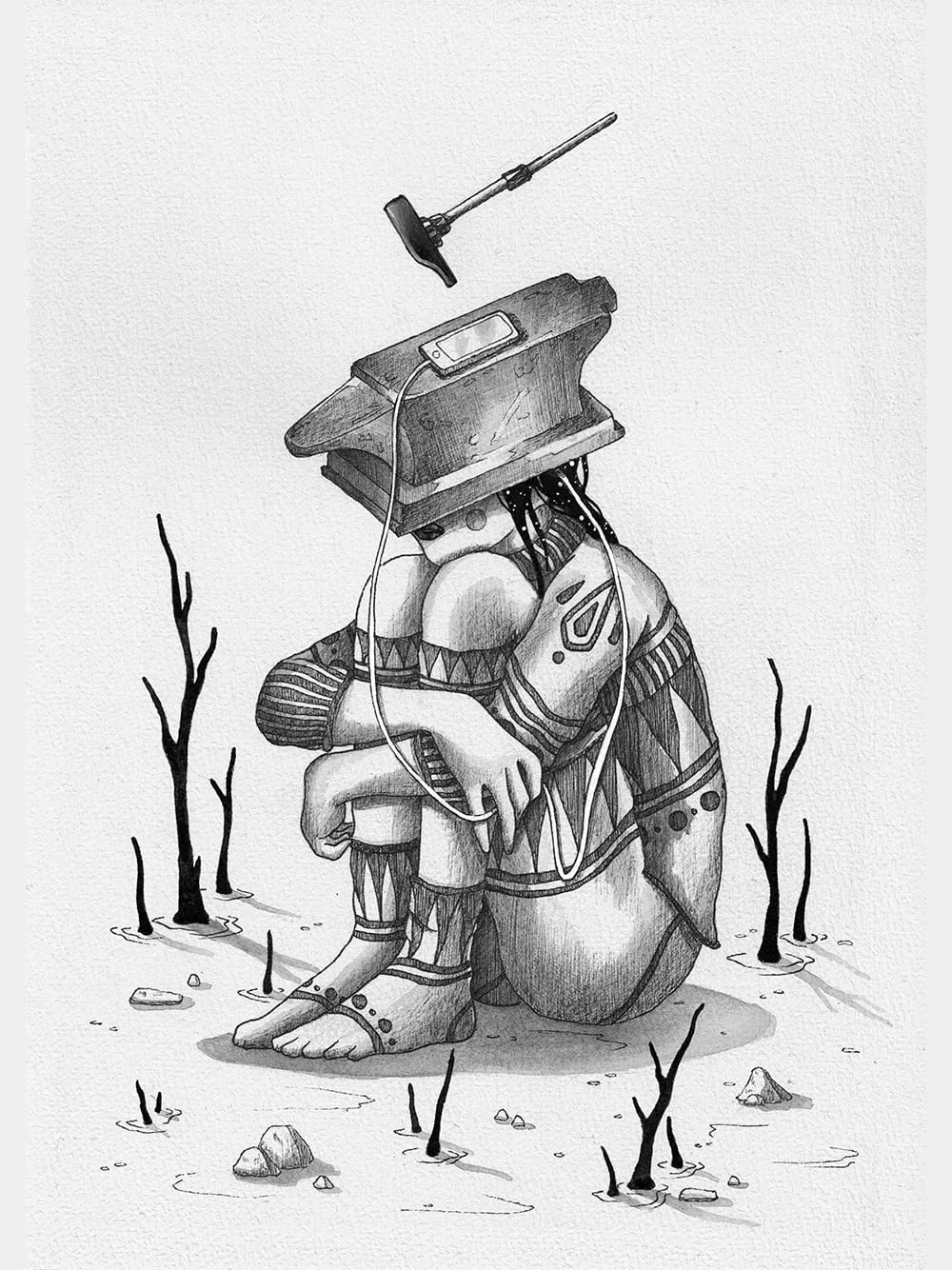 Connected / Disconnected by Skount, a symbolic ink drawing showing a figure immersed in a digital world with fading real surroundings