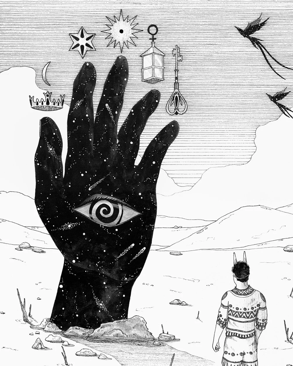 Detail of In Search of Inner Wisdom by Skount – close-up of the Philosopher’s Hand, key, and lantern, highlighting symbolism and cosmic elements.