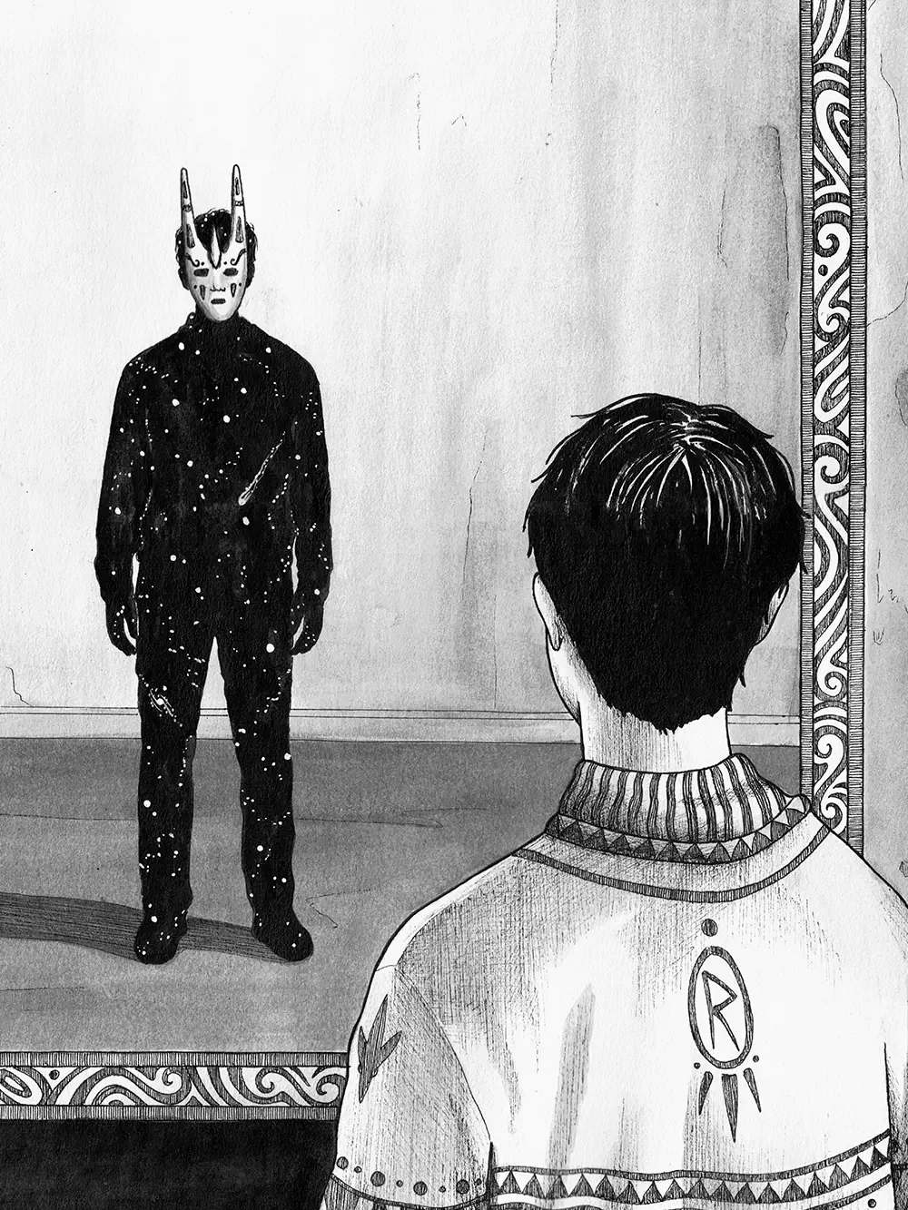 Detail of The Unseen Within highlighting the cosmic face and symbolic mirror imagery
