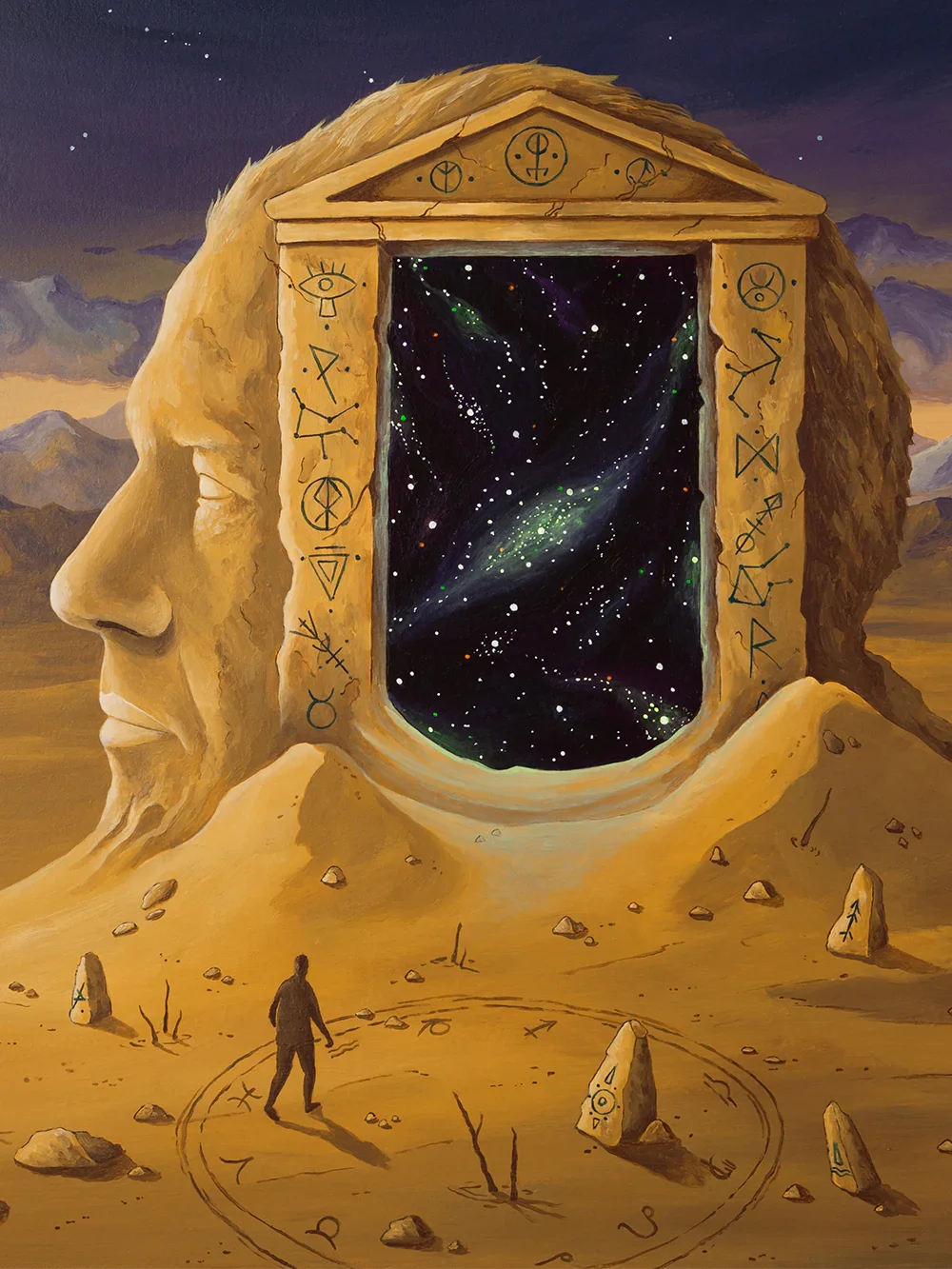 Detail of The Cosmic Passage highlighting the engraved cosmic portal and symbolic stone head