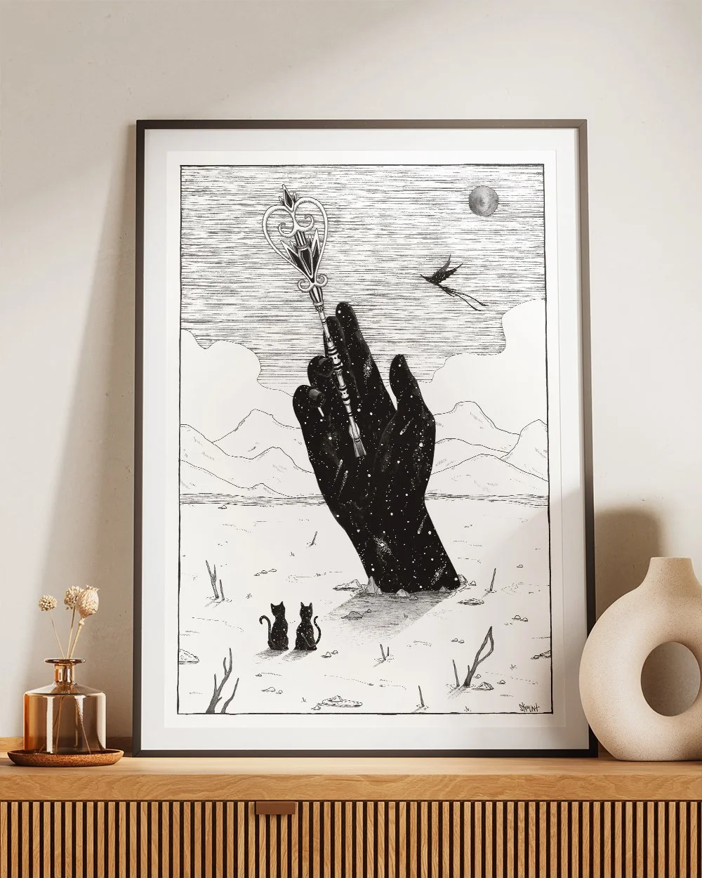 Framed artwork ‘Access to the Inner Knowledge’ displayed in a modern living room, adding a spiritual and symbolic atmosphere to the space