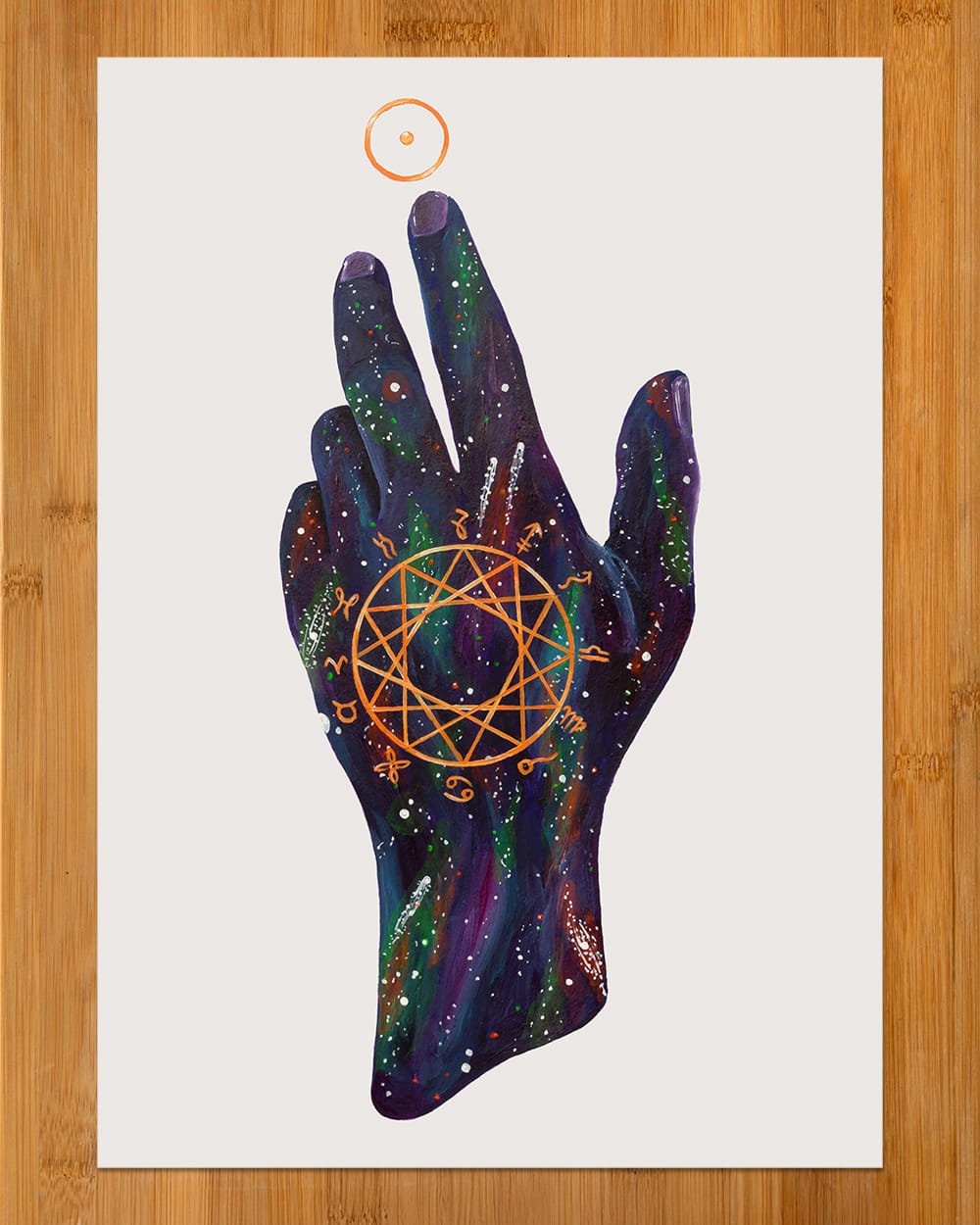 Full view of the cosmic hand illustration Zodiac: Eternal Transition exploring cycles and self-realization.