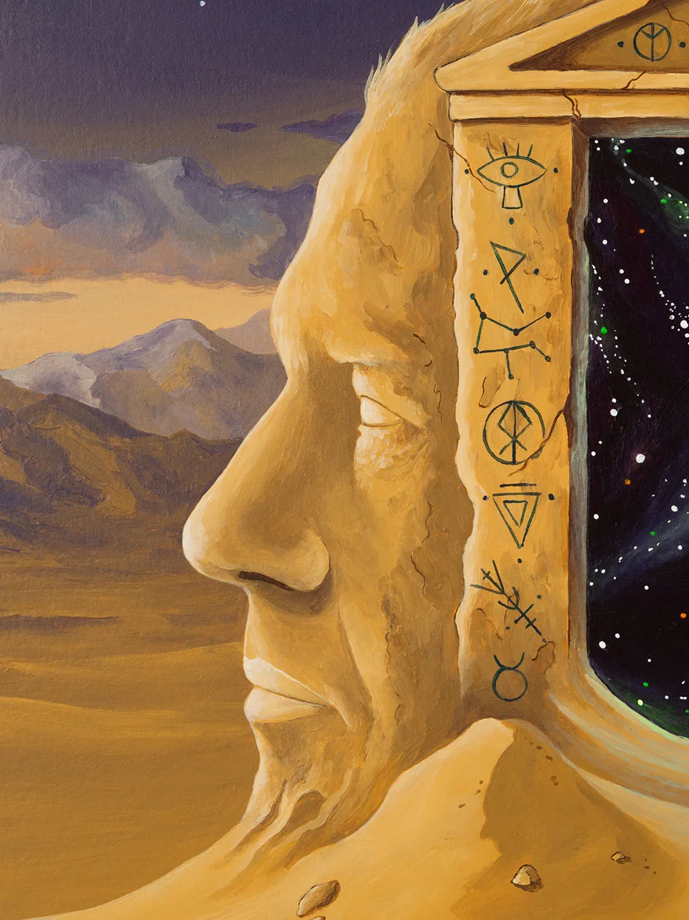 Close-up of The Cosmic Passage by Skount focusing on cosmic textures and symbolic engravings