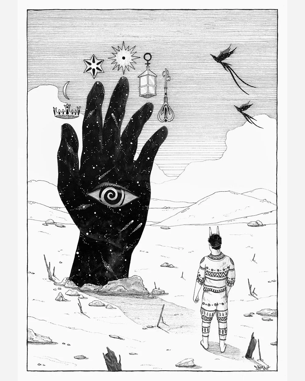 In Search of Inner Wisdom by Skount – Ink illustration exploring inner wisdom, self-discovery, and symbolic philosophy.