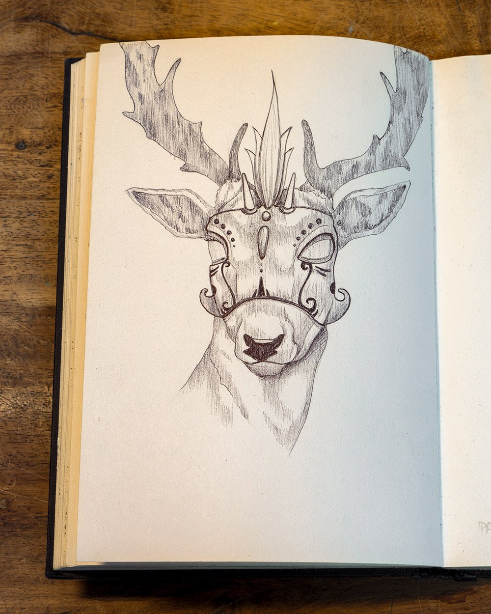 Artistic ink sketch of a deer by Skount exploring forest mythology and spiritual symbolism