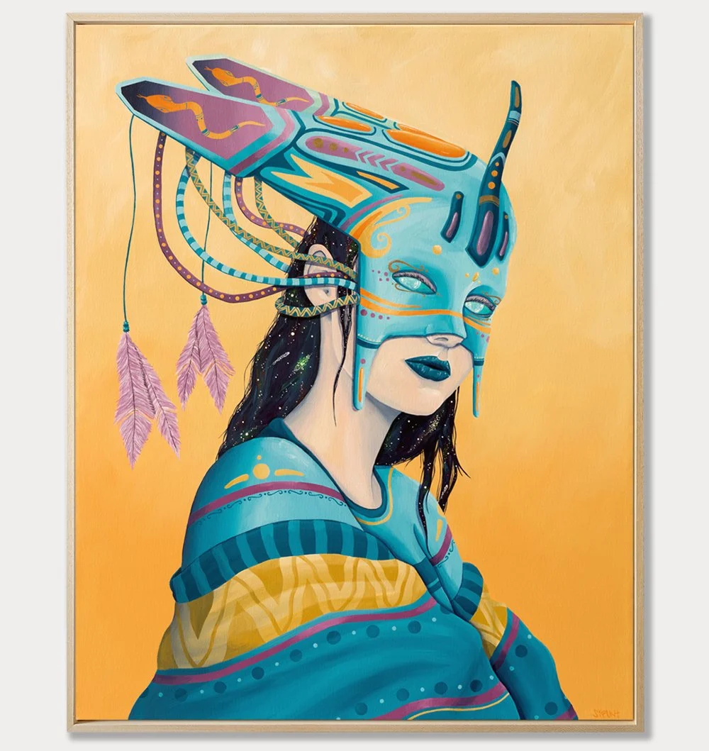 Metamorphosis – Dísir painting inspired by Norse mythology, depicting a woman wearing a serpent-adorned mask symbolizing transformation and renewal.