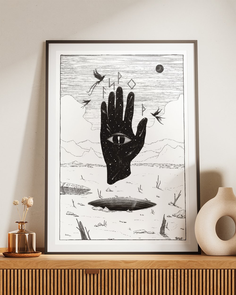 Framed artwork ‘The Revelation Within’ by Skount displayed in a modern living room setting