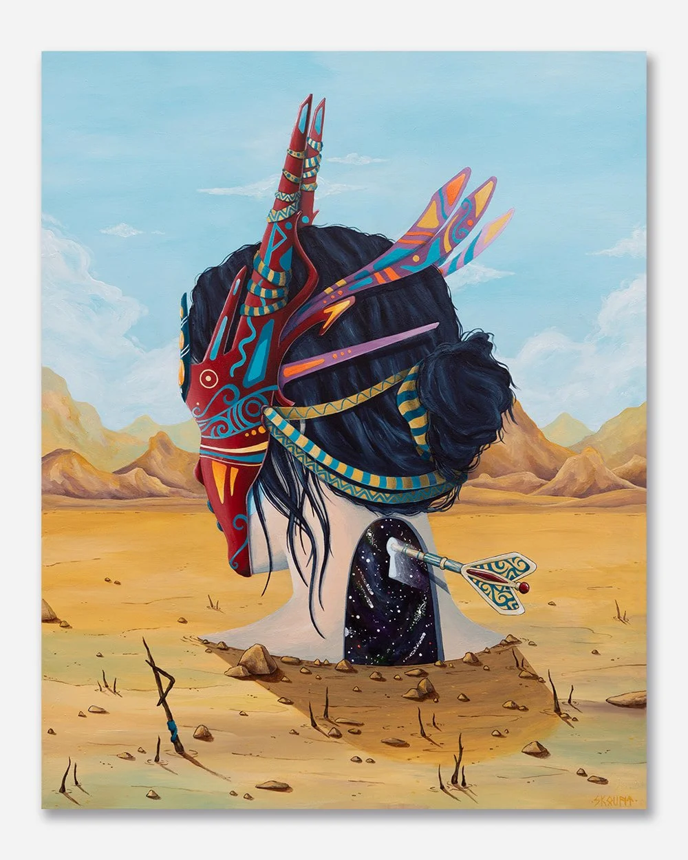 Symbolic surreal painting Unlocking by Skount showing a masked figure emerging from a desert landscape and inner awakening imagery