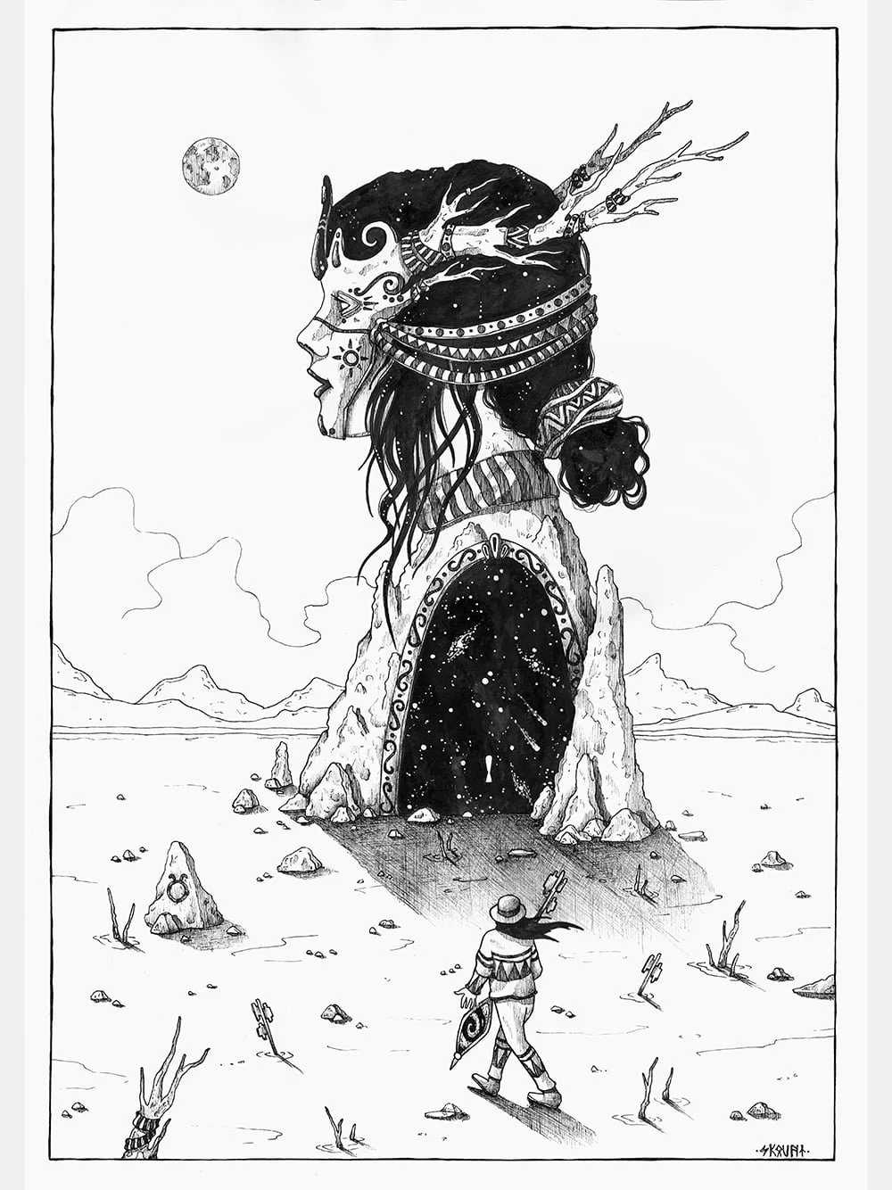 Inner Eden by Skount, a symbolic surreal ink drawing representing inner harmony and a key symbol within a contemplative composition