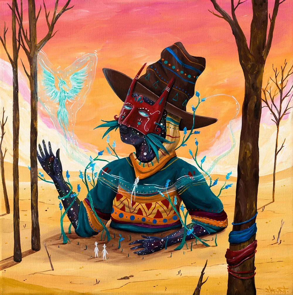 The Cosmos That Rises painting by Skount – cosmic being blooming with flowers, luminous human figures and a rising blue phoenix, representing renewal and transformation.