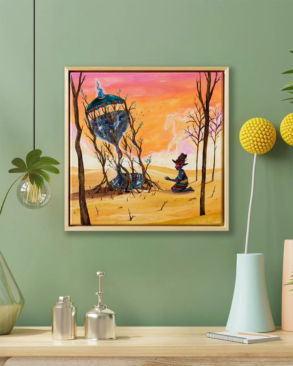 The Endless Transience of Time, painting framed and displayed in a modern living room interior.