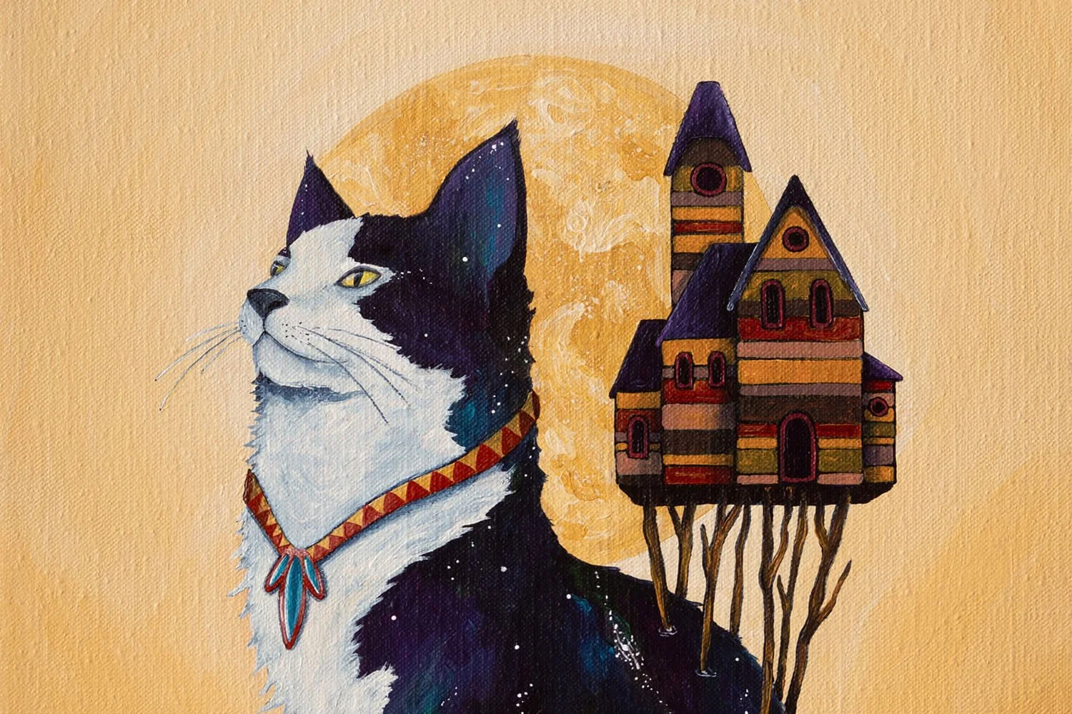 Symbolic cosmic cat artwork The Keeper by Skount featuring a guardian cat carrying a house under the moon